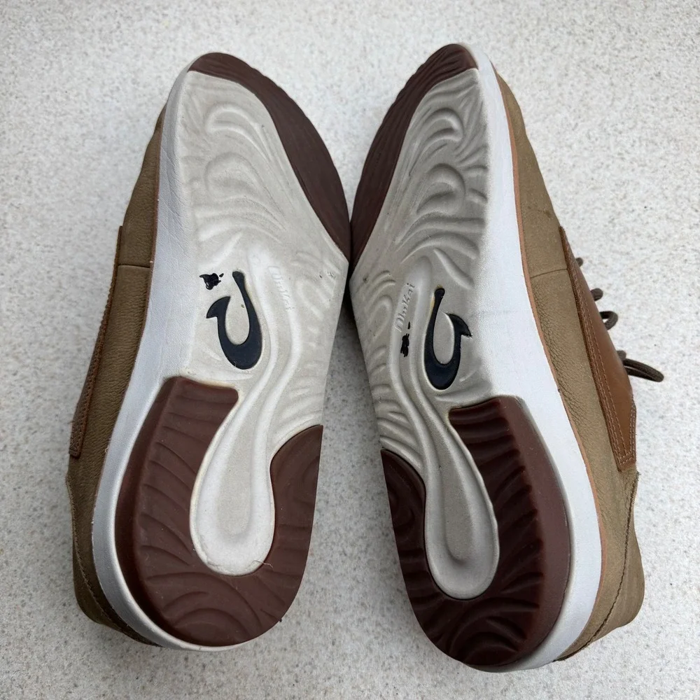 OluKai Kalia Li Sneaker Mens 12 Khaki Brown Leather Lace Up 10442-3333